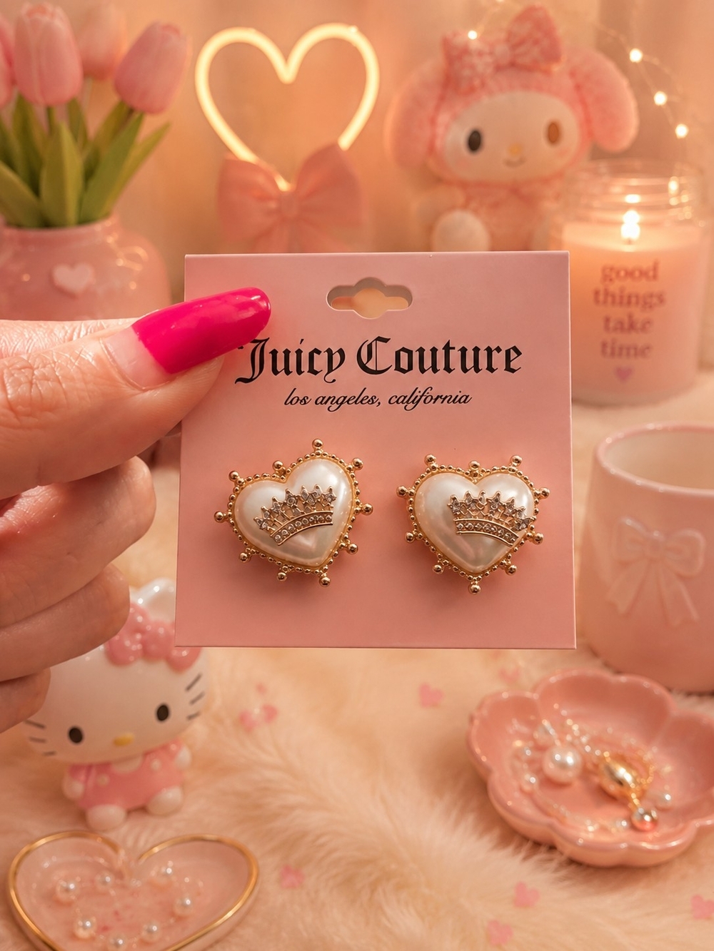 Juicy Couture Gold-Tone Heart Crown Earrings with White Enamel